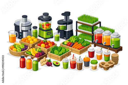 Healthy fresh juices and smoothies ingredients with juicers and blenders