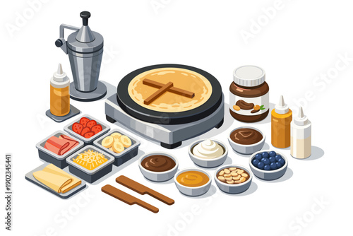 Crepe making station with various sweet and savory toppings and ingredients