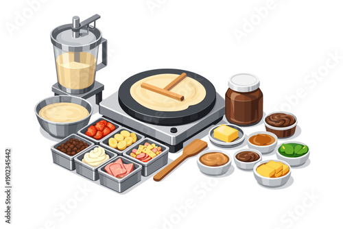 Crepe making station with ingredients and batter in a blender, isometric view