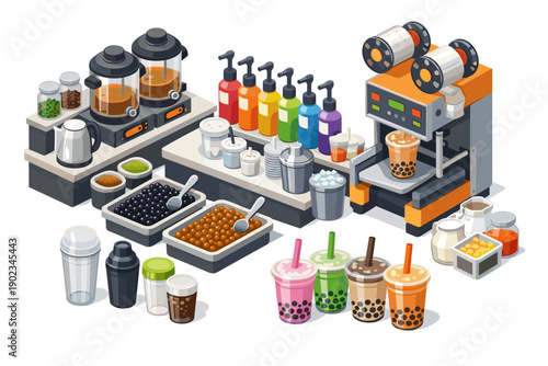 Bubble tea shop setup with ingredients and sealing machine for making drinks