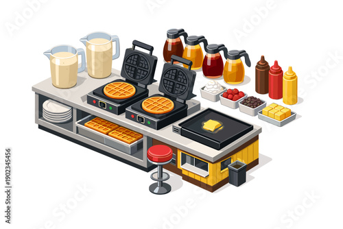Waffle station with toppings and syrup dispensers for a delicious breakfast spread