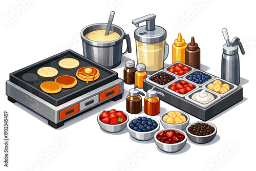 Pancake breakfast preparation with fresh fruit toppings and syrup dispensers