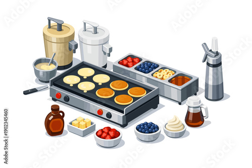 Breakfast preparation with pancakes cooking on a griddle and fresh toppings displayed