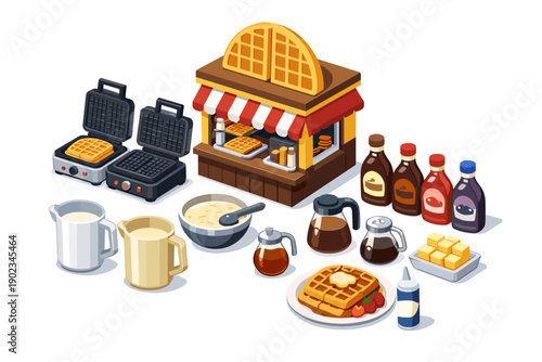Isometric waffle stand with ingredients and cooking equipment for a delicious breakfast
