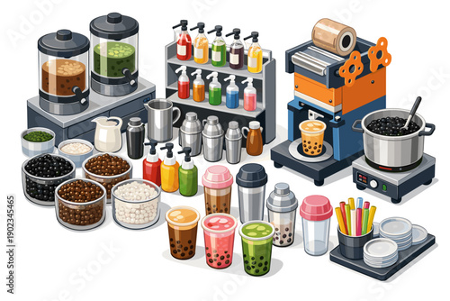 Bubble tea shop equipment and ingredients for making popular boba drinks