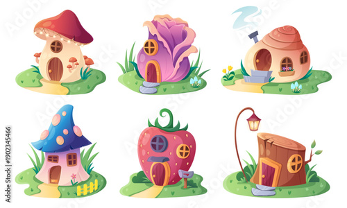 Fairy house in enchanted forest with mushroom and flower, strawberry and stump, snail shell cottages. Cute cartoon village with gnome homes, elf gardens and fairytale woodland fantasy designs.