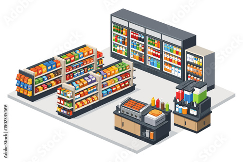Isometric convenience store interior with shelves, refrigerators, and food service counter