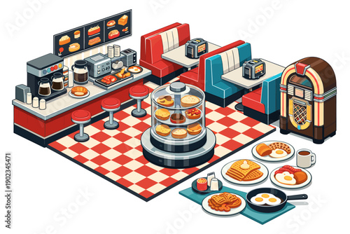 Retro American diner interior with booths, counter, jukebox, and classic breakfast food