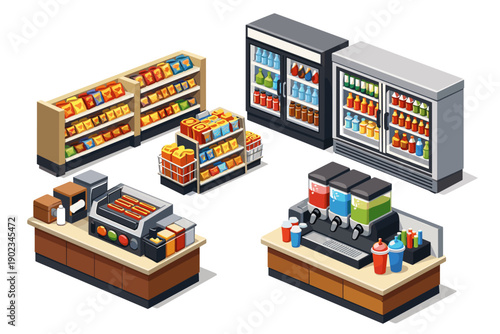Isometric convenience store interior with snacks, drinks, and hot food display