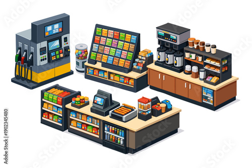 Isometric convenience store and gas station elements with coffee and snacks
