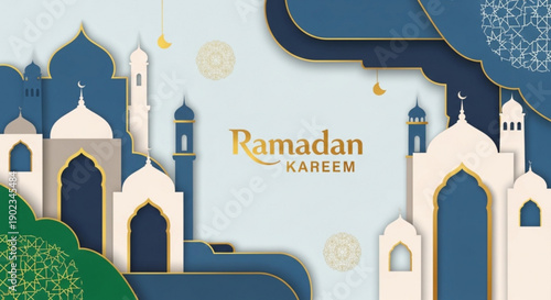 Ramadan kareem greeting card with mosque architecture and islamic patterns on light blue background