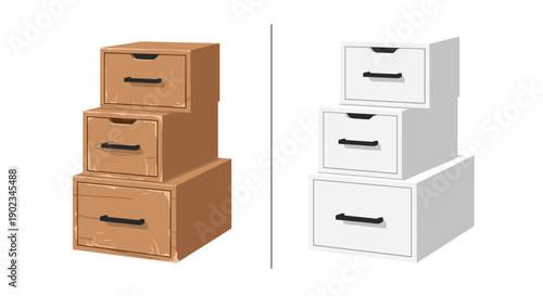 Comparison of Old Wooden Drawers and New White Drawers with Black Handles for DIY Furniture Makeover.