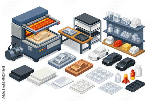 Vacuum forming machine creating plastic car models and various molded products