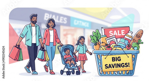 Happy family shopping with stroller and colorful bags outside store with big savings sale
