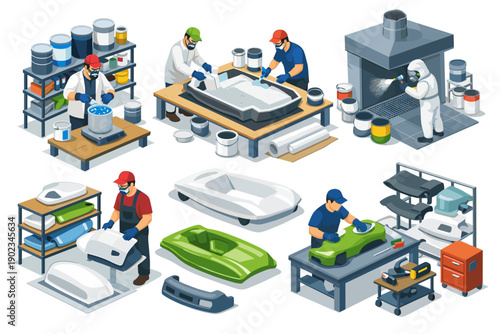 Factory workers manufacturing fiberglass products in an isometric illustration