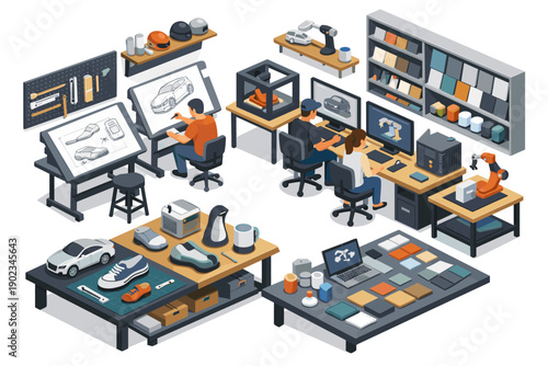 Industrial design studio with people working on car prototypes and product development