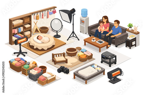 Newborn photography studio setup with family and props for professional shoots