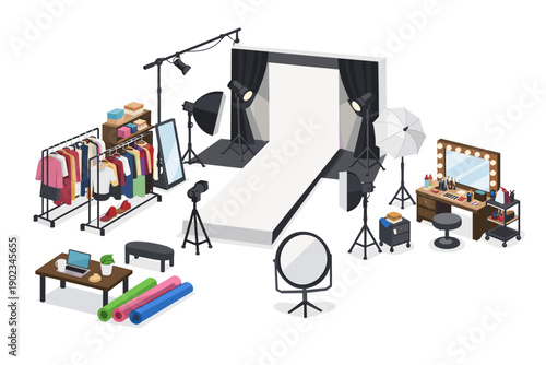 Professional photography studio setup with fashion items and makeup station