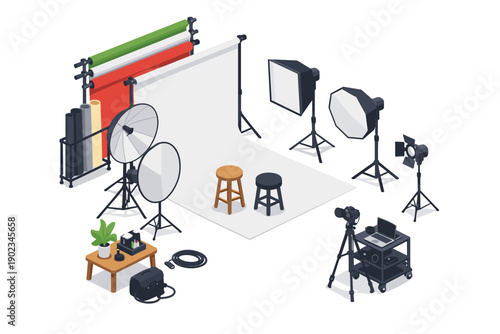 Professional photography studio setup with lighting equipment and backdrops for creative shoots