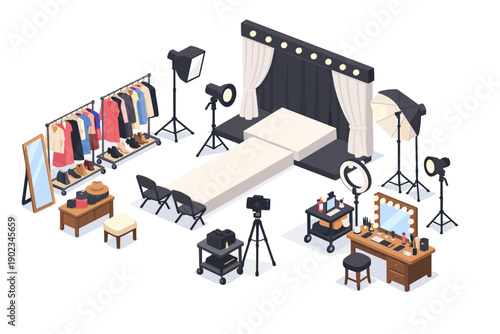 Fashion show backstage preparation and runway setup with lighting and clothing racks