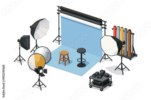Professional photography studio setup with lighting equipment, backdrops, and cameras