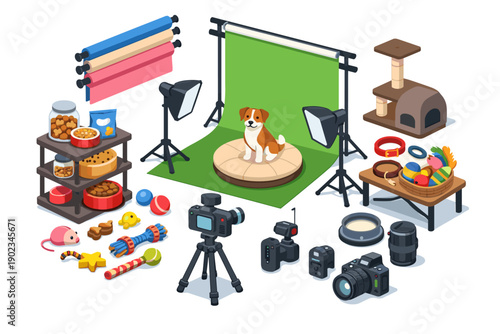 Professional pet photography studio setup with dog, camera equipment, and accessories