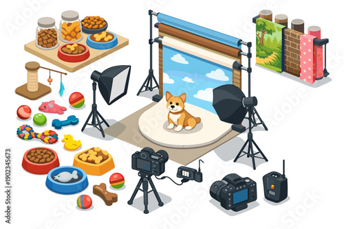 Pet photography studio setup with cute corgi, camera equipment, and toys