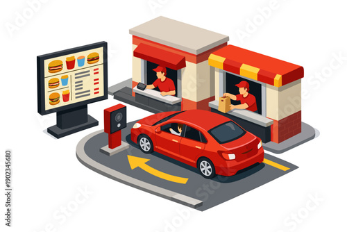 Isometric drive-thru restaurant with red car ordering food from a window