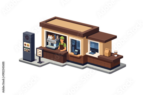 Isometric coffee shop drive-thru with barista and ordering kiosk