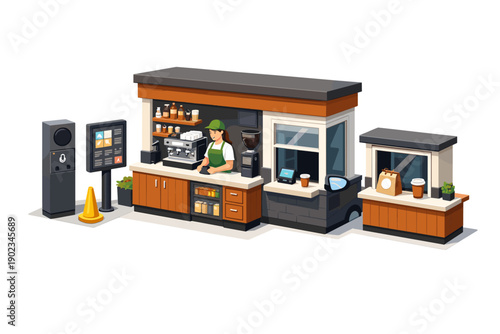 Isometric drive-thru coffee shop with barista preparing drinks and customer service window