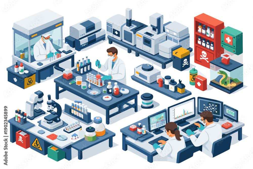 Fototapeta premium Modern laboratory scene with scientists conducting experiments and advanced equipment