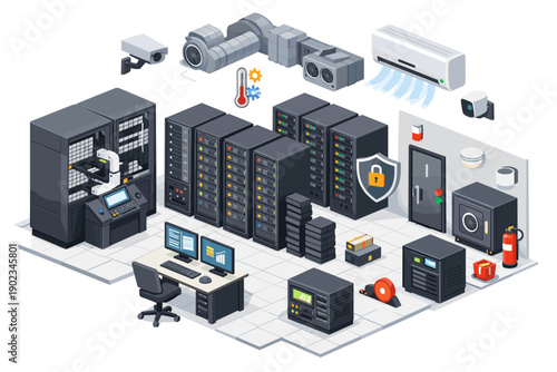 Modern data center infrastructure with servers, cooling, security, and monitoring systems