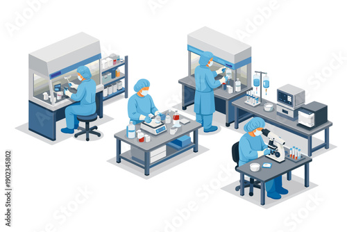 Scientists in sterile lab coats and masks conduct research and experiments in a modern laboratory setting