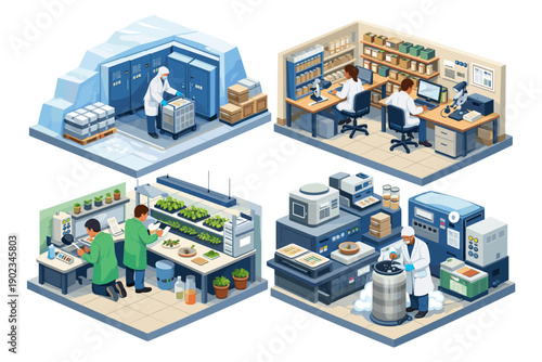 Scientists conduct research in various laboratory settings, including plant growth and industrial processes