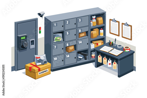 Secure evidence locker room with digital lock, surveillance camera, and organized storage