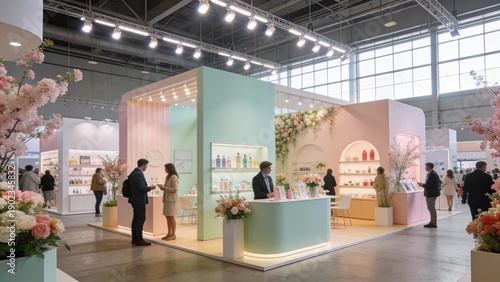 Modern trade show booth with pastel counters and floral decor, business visitors networking and browsing products, bright spring vibe for expo marketing and product launch