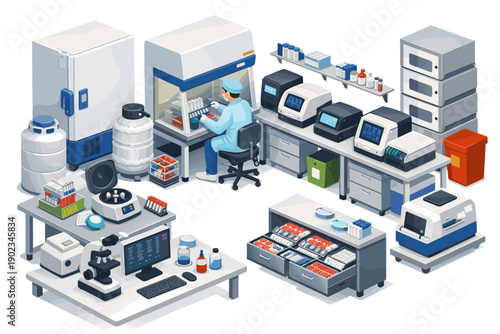 Modern laboratory equipment and scientist working in a research facility
