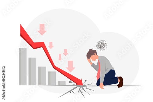 Economic recession and stock market crash concept showing a worried businessman near a falling arrow chart. Represents financial loss, business failure, and economic downturn. Flat vector illustration