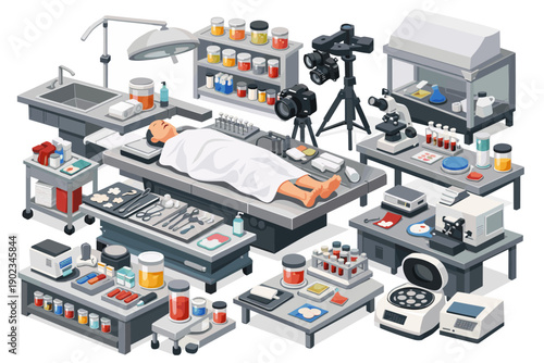 Forensic science laboratory setup with a body on a table and various scientific equipment