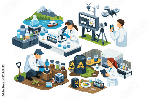 Scientists conduct diverse environmental research, from lab analysis to field sampling and drone monitoring