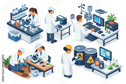 Scientists conduct diverse laboratory experiments and field research in a modern science facility