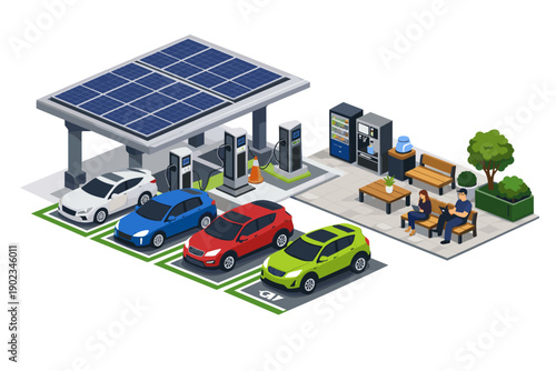 Modern electric vehicle charging station powered by solar panels with waiting area