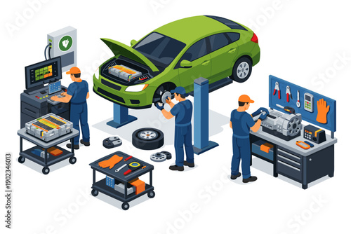 Automotive mechanics working on electric car repair and diagnostics in a modern workshop