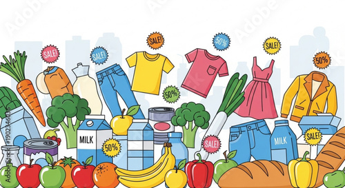 Donation concept with food clothing and household items for charity or community support