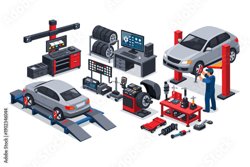 Automotive repair shop equipment and vehicles for car maintenance and diagnostics