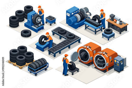 Automated tire manufacturing process with workers and machinery in isometric view