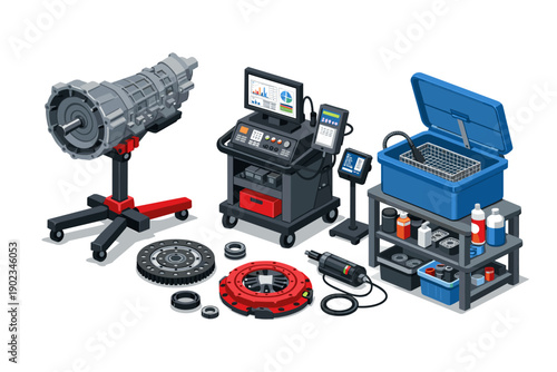 Automotive repair shop equipment and transmission parts laid out for service