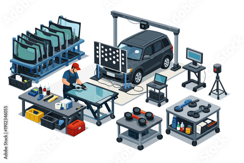 Automotive technician calibrating advanced driver assistance systems on a car