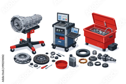 Automotive repair shop equipment and transmission parts laid out for service