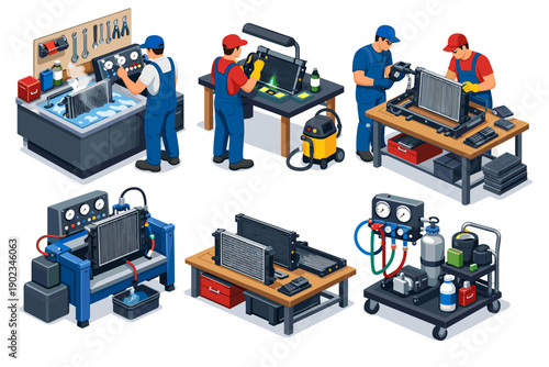 Mechanics performing radiator repair and maintenance in a workshop setting